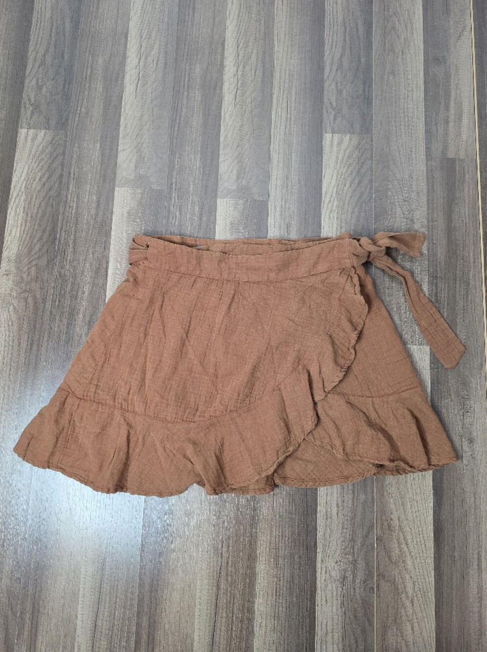 By Anthropologie Asymmetric Ruffle Cotton Mini Wrap Skirt Terracotta Boho. M